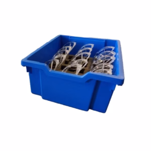 Kaitseprillide komplekt (30 tk) Gratnells F2 kastis kaanega – pritsmekindlad prillid, sobivad tavaprillide peale, hoiustatud tugevdatud Gratnells kastis spetsiaalse vahusisuga. Täiuslik lahendus kooli- ja laborikeskkonda.